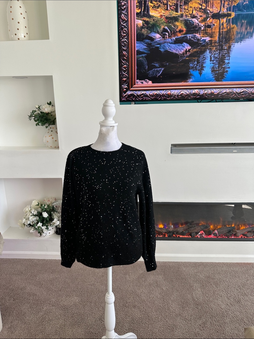 LOFT Black Crewneck Sweater with White Speckle Detail